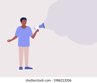 Young man speaks into a megaphone. Statement, utterance, news concept. Colorful flat vector illustration