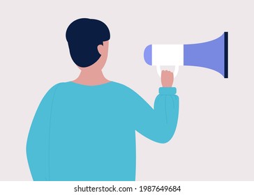 Young man speaks into a megaphone. Statement, utterance, news concept. Colored vector illustration in flat cartoon style