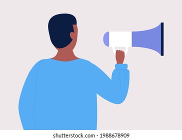 Young man speaks into a megaphone. Statement, utterance, news concept. Colored vector illustration in flat cartoon style