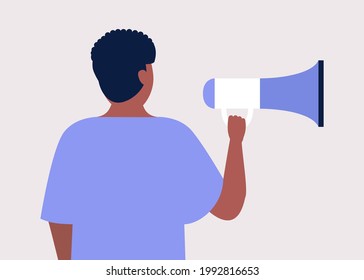 Young man speaks into a megaphone. Statement, utterance, news concept. Colored vector illustration in flat cartoon style