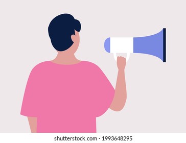 Young man speaks into a megaphone. Statement, utterance, news concept. Colored vector illustration in flat cartoon style