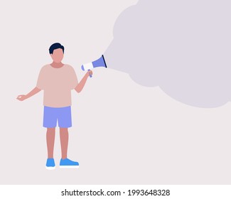 Young man speaks into a megaphone. Statement, utterance, news concept. Colorful flat vector illustration