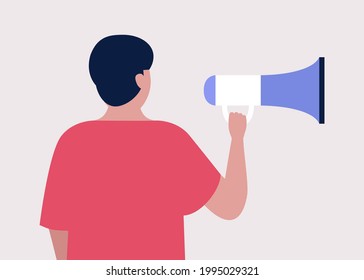 Young man speaks into a megaphone. Statement, utterance, news concept. Colored vector illustration in flat cartoon style