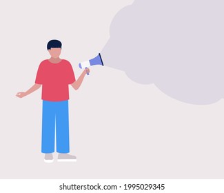 Young man speaks into a megaphone. Statement, utterance, news concept. Colorful flat vector illustration