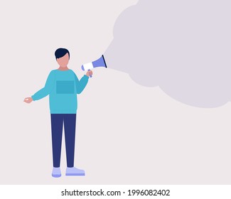 Young man speaks into a megaphone. Statement, utterance, news concept. Colorful flat vector illustration