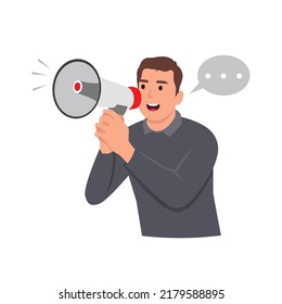 Young man speaks into a shout or a megaphone. The announcement of good news. Flat vector illustration isolated on white background