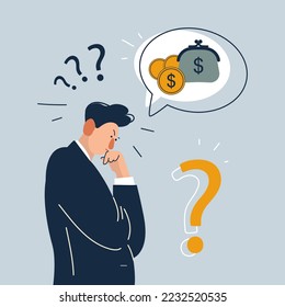 Young man with speech bubble above think of money struggle with financial problems. Stressed man consider expenses expenditures. Bankruptcy and debt. Finance. Vector illustration.