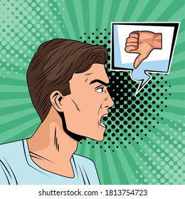 young man with speech bubble and hand bad signal pop art style vector illustration design
