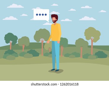 young man with speech bubble on the camp