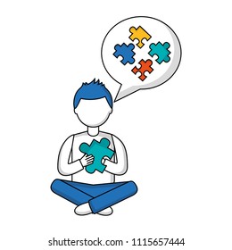 young man with speech bubble and puzzle pieces