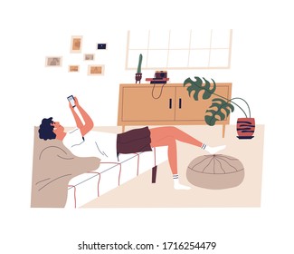 Young man spend time at home, surfing internet or chatting in social network or messenger. Male character lying in bed with smartphone. Stay home concept. Vector illustration in flat cartoon style