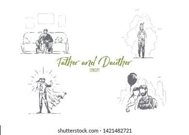 Young man spend time and little daughter  happy daddy and child  parenting  father day banner  Dad   daughter relationship  parental care concept sketch  Hand drawn vector illustration