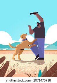 junger Mann, der Zeit mit Hundebesitzer und süßem Haustier verbringt, der Freundschaft mit dem Konzept des Haustieres unterhält