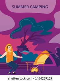 Young Man Spending Time in Summer Camping Sitting near Burning Campfire with Bowler at Night Time Relaxing, Summertime Vacation, Active Leisure, Hiking Vertical Banner Cartoon Flat Vector Illustration