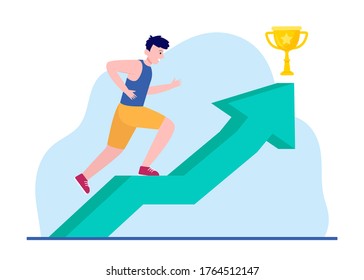 Young man spiriting of verticality for golden cup. Arrow, award, ambition flat vector illustration. Growth and contest concept for banner, website design or landing web page