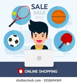 Young man with sport equipment sale product, online shopping with football, table tennis, basketball, tennis  icon, e-commerce. Vector illustration