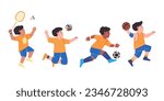 young man sport pose collection playing badminton volley football and basketball flat man illustration jump running