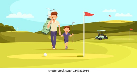 Young Man in Sport Suit with Bag for Golf Clubs on Shoulder Walking Along Green Course with Little Son. Family Passtime. Two Generations of Family Summertime Leisure. Cartoon Flat Vector Illustration.