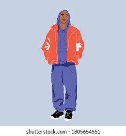 Der junge Mann in einem Sportanzug und einer roten Jacke. Trendy einzelne Personenillustration. Handgezeichnete Vektorgrafiken. Herbstoutfit-Illustration. Moderne menschliche Illustration für Web und Print. Person ist isoliert.