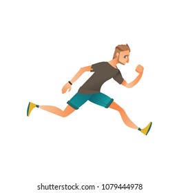 Young man in sportive summer clothing running in panic looking back. Male character runaway with afraid face . Isolated vector illustration in sketch style