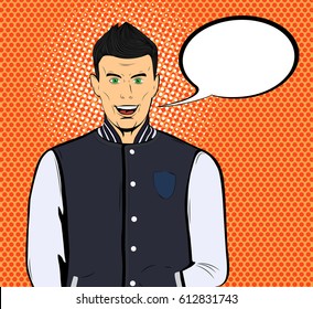 Young man in a sports blazer. Emotion. Pop-art. Vector.