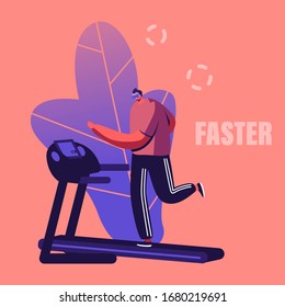 Young Man in Sports Wear and Vr Goggles Running on Treadmill Having Virtual Sport Training Augmented Reality Entertainment, Recreation in Gym. Male Character Exercising. Cartoon Vector Illustration