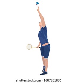 Young man sportsman playing badminton with racket and shuttlecock, vector illustration isolated on white background. Badminton player wearing sport uniform, sport championship event, training.