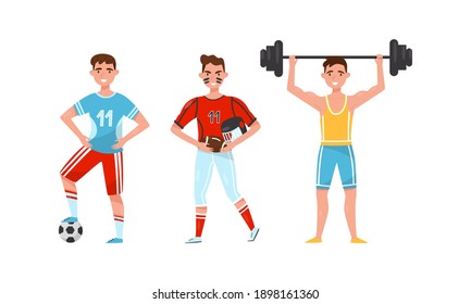 Young Man in Sportswear Lifting Kettlebell and Playing Football Vector Illustration Set