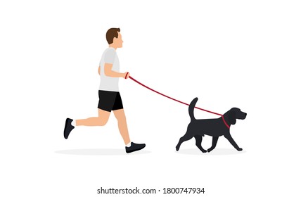 Joven con ropa deportiva corriendo con perro corredizo, aislado de fondo blanco. Ilustración vectorial en diseño plano