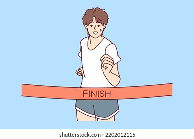 Young man in sportswear running finish race first. Smiling male athlete or sportsman participate in sport competition. Vector illustration. 