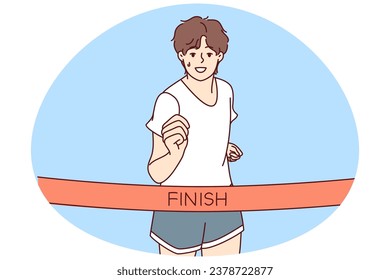 Young man in sportswear running finish race first. Smiling male athlete or sportsman participate in sport competition. Vector illustration.