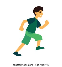 Young man in sportswear running isolated on white background - side view of active boy doing cardio training jogging in flat cartoon vector illustration for healthy and sporty lifestyle concept.