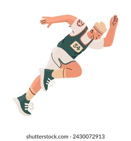 A young man in sportswear runs a marathon. Sport competitions. Active and healthy lifestyle. Vector illustration isolated on transparent background.