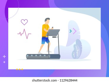 Young man in a sporty uniform is running on a treadmill and listen to music. Conceptual Modern and Trendy colorful vector illustration for landing page. Web template.