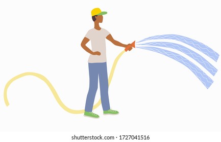 A Young Man Sprinkles Soil And Plants With Water From A Hose. A Gardener Or Worker In A Cap With A Visor And Sneakers Cares For The Garden. Stock Vector Flat Illustration Isolated On White Background.