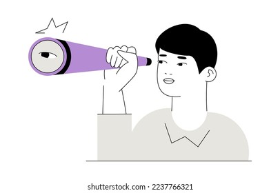 Young man with spy glass. UI illustration. Finding solution, answer or insight. Research or seeking way metaphor. Vector. Editable stroke.