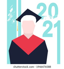 Young man in square academic cap celebrating 2021 graduation. Vector illustration in flat style.