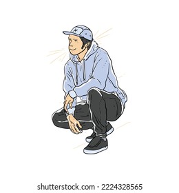 Young man squat on ground with Cool style. Free and Young. Modern flat vector illustration