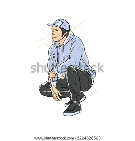 Young man squat on ground with Cool style. Free and Young. Modern flat vector illustration