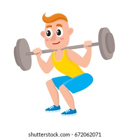 Young man squatting with barbell, doing sport exercises in gym, cartoon vector illustration isolated on white background. Cartoon man, guy squatting with barbell, weightlifting, bodybuilding in gym