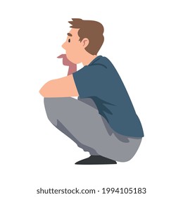 Young Man Squatting, Guy Sitting in Crouch Cartoon Vector Illustration