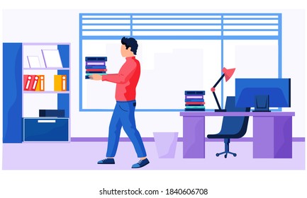 Young man with a stack of books is walking in a room with computer table and bookcase. Flat vector illustration character office worker indoors. Student with folders preparing for a lecture