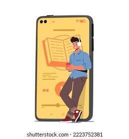 Young Man Stand at Huge Smartphone Listen Book With Headphones Online. Concept Of Electronic Library, Reading E-book, Education. World Book Reading Day with Male Character. Cartoon Vector Illustration