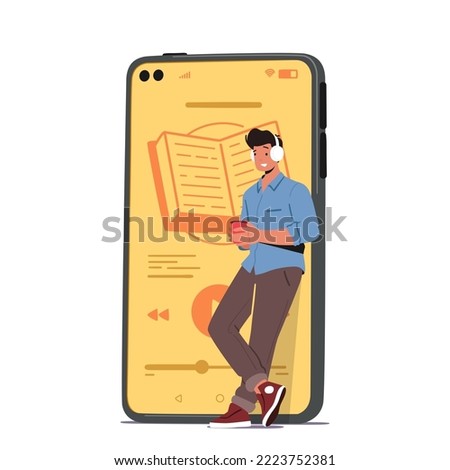 Young Man Stand at Huge Smartphone Listen Book With Headphones Online. Concept Of Electronic Library, Reading E-book, Education. World Book Reading Day with Male Character. Cartoon Vector Illustration