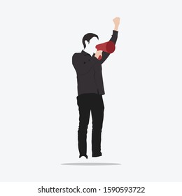 Young man stand with megaphone in flat design illustration