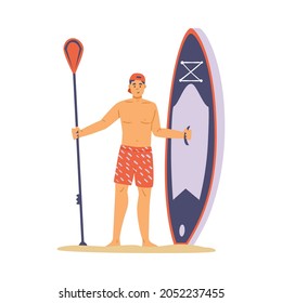 Un joven se para en la playa y sostiene una tabla de remo. El personaje masculino disfruta del surf de verano en la costa tropical del océano durante las vacaciones. Ilustración vectorial de dibujos animados planos.