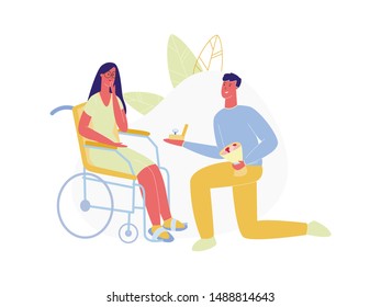 Young Man Stand on Knee with Engagement Ring in Hands in front of Disabled Woman Sitting on Wheelchair, Love, Loving Relations, Handicapped Person Marriage, Lifestyle. Cartoon Flat Vector Illustration