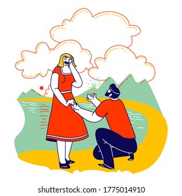 Young Man Stand on Knee Holding Girl Hand Making Proposal to Woman Asking her Marry him in Beautiful Garden or Park with Pond. Characters Love, Engagement, Marriage. Linear People Vector Illustration
