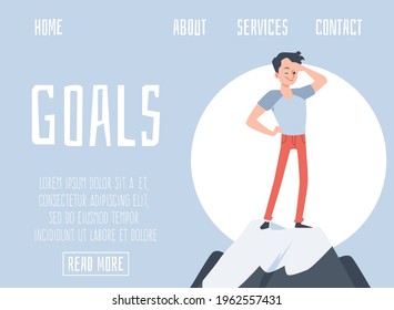 Young man stand on top mountain and search goals, opportunity or strategy for success in future. Flat cartoon vector illustration. Landing page template.