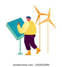 Joven en el panel de control de molinos de viento aislados de fondo blanco. Recursos Renovables, Generación de Energía Verde, Concepto de Protección Ambiental. Ilustración de vectores planos de dibujos animados